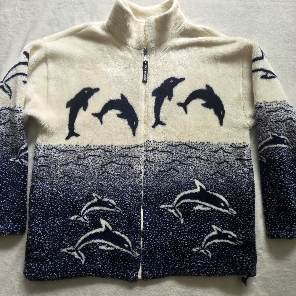 Vintage black mountain outdoor fleece jacket Graphic Dolphins Blue  Sz L READ